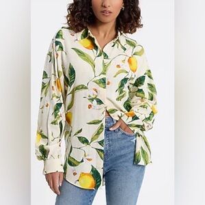 Express Boyfriend Portofino Lemon Print Linen Blend Shirt XL